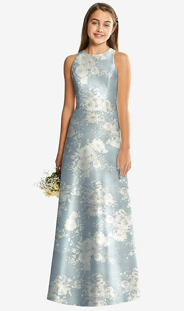 Front View - Porcelain Blue Seraphina Floral Floral Sleeveless Open-Back Satin Junior Bridesmaid Dress