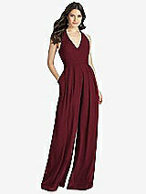 Front View Thumbnail - Cabernet V-Neck Backless Pleated Front Jumpsuit