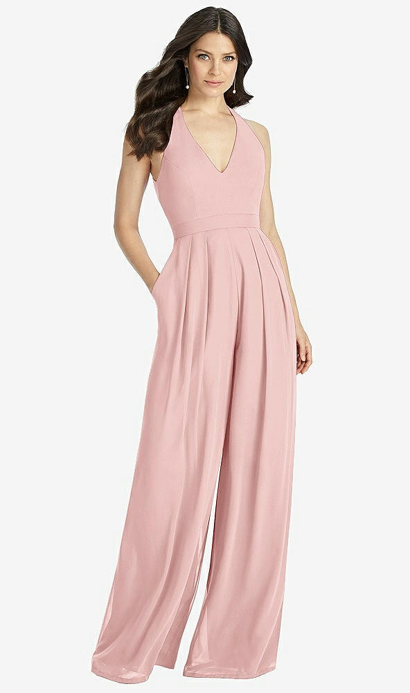 Front View - Rose V-Neck Backless Pleated Front Jumpsuit