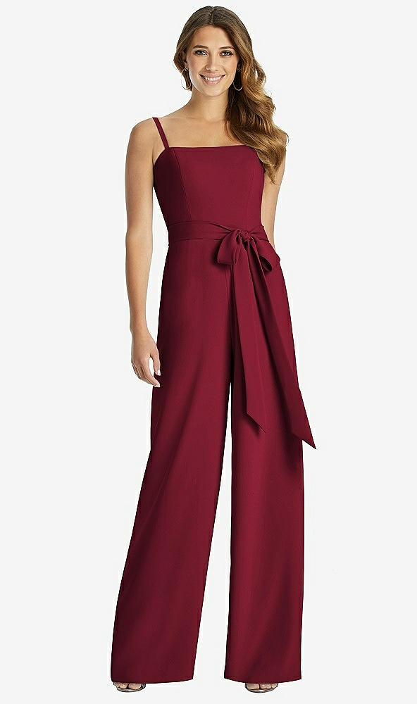 Front View - Burgundy Spaghetti Strap Crepe Jumpsuit with Sash - Alana