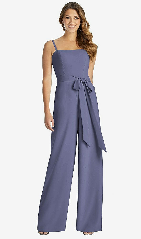 Front View - French Blue Spaghetti Strap Crepe Jumpsuit with Sash - Alana 