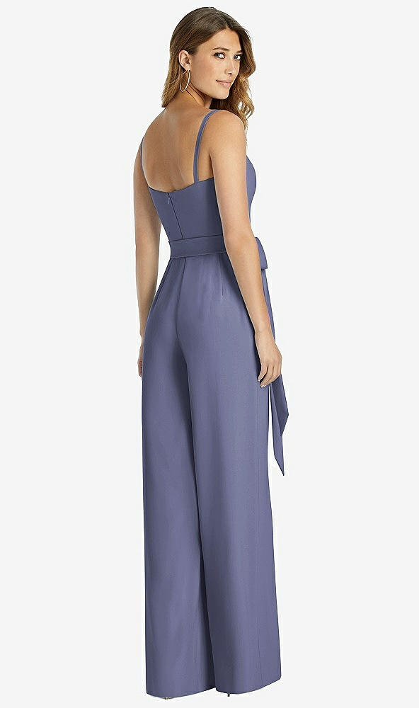 Back View - French Blue Spaghetti Strap Crepe Jumpsuit with Sash - Alana 