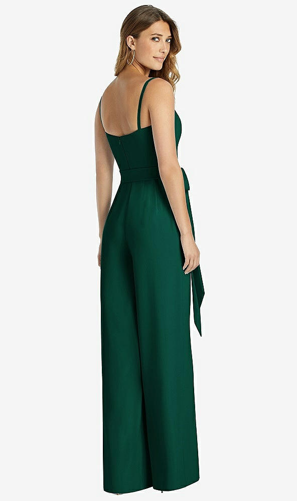 Back View - Hunter Green Spaghetti Strap Crepe Jumpsuit with Sash - Alana