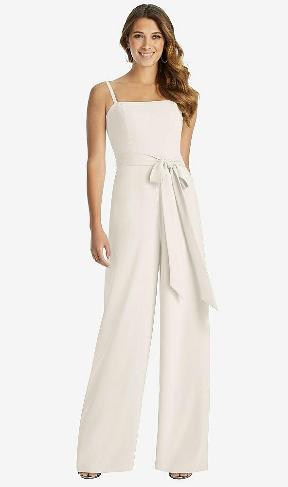 Front View - Ivory Spaghetti Strap Crepe Jumpsuit with Sash - Alana