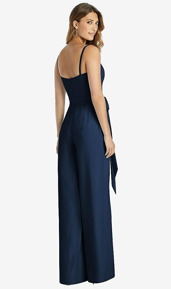 Back View - Midnight Navy Spaghetti Strap Crepe Jumpsuit with Sash - Alana