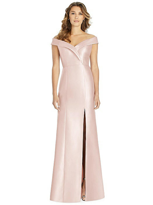 Off-the-Shoulder Cuff Trumpet Gown with Front Slit