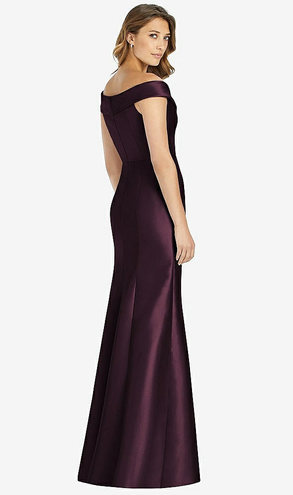 Back View - Deep Plum Off-the-Shoulder Cuff Trumpet Gown with Front Slit