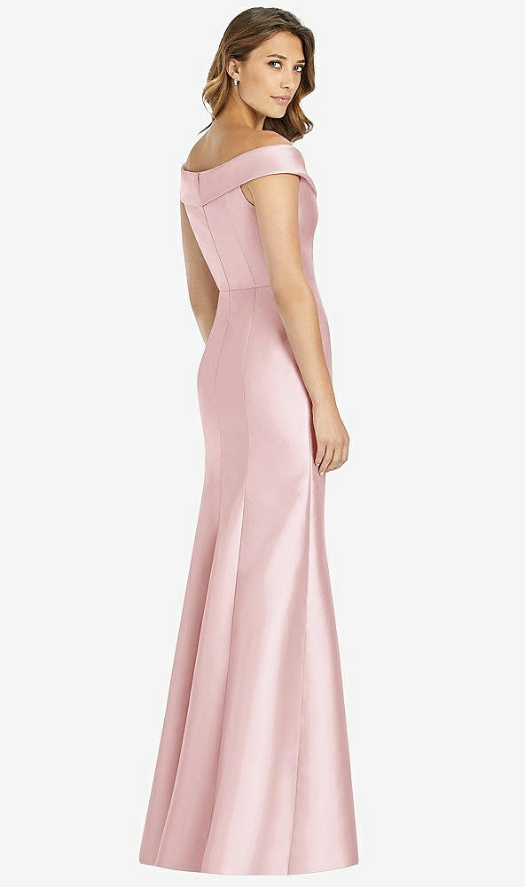 Back View - Ballet Pink Off-the-Shoulder Cuff Trumpet Gown with Front Slit