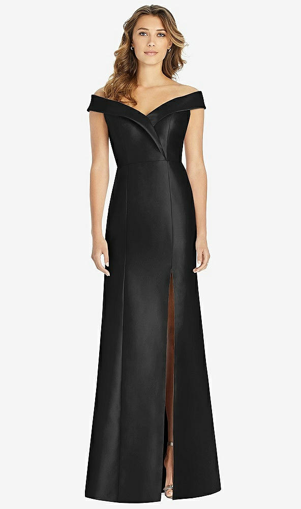 Front View - Black Off-the-Shoulder Cuff Trumpet Gown with Front Slit