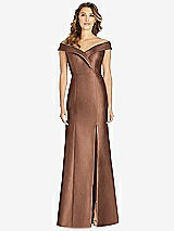 Front View Thumbnail - Cognac Off-the-Shoulder Cuff Trumpet Gown with Front Slit