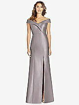 Front View Thumbnail - Cashmere Gray Off-the-Shoulder Cuff Trumpet Gown with Front Slit