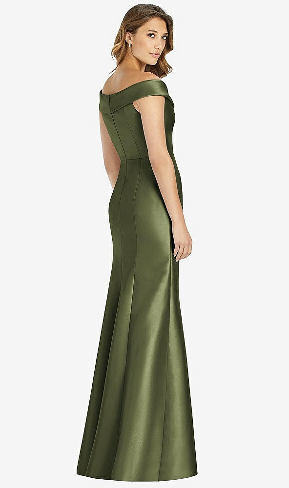 Back View - Olive Green Off-the-Shoulder Cuff Trumpet Gown with Front Slit