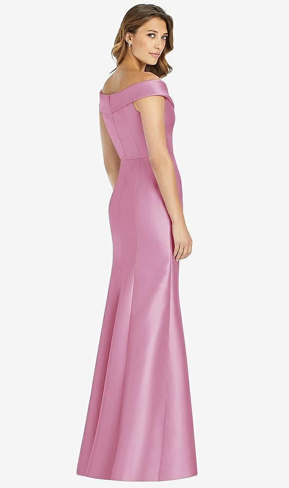Back View - Powder Pink Off-the-Shoulder Cuff Trumpet Gown with Front Slit