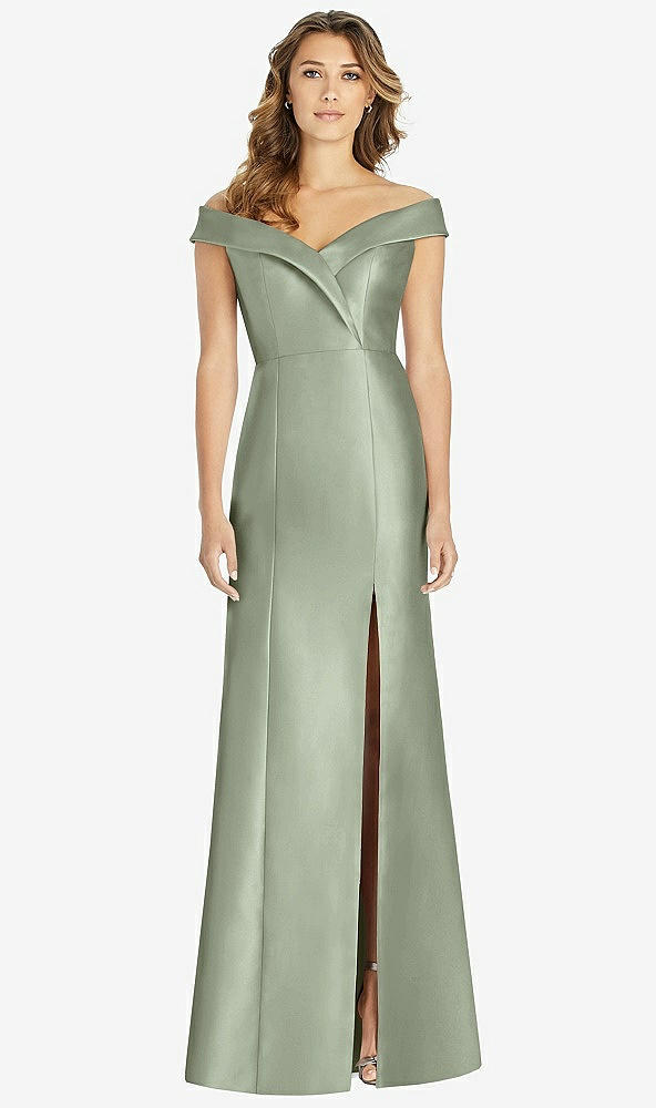 Front View - Sage Off-the-Shoulder Cuff Trumpet Gown with Front Slit