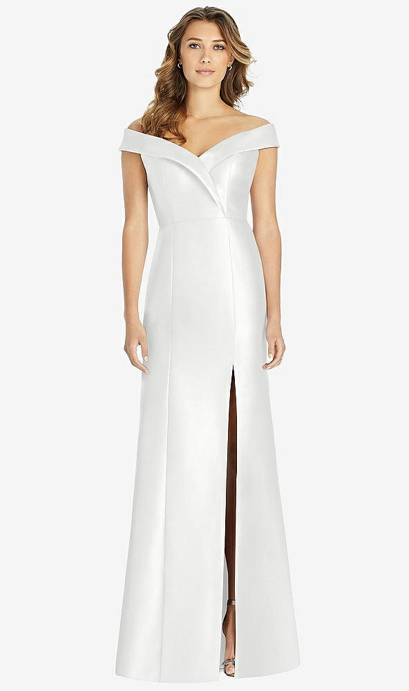 Front View - White Off-the-Shoulder Cuff Trumpet Gown with Front Slit