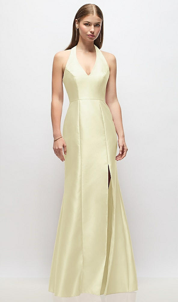 Front View - Butter Yellow V-Neck Halter Satin Trumpet Gown