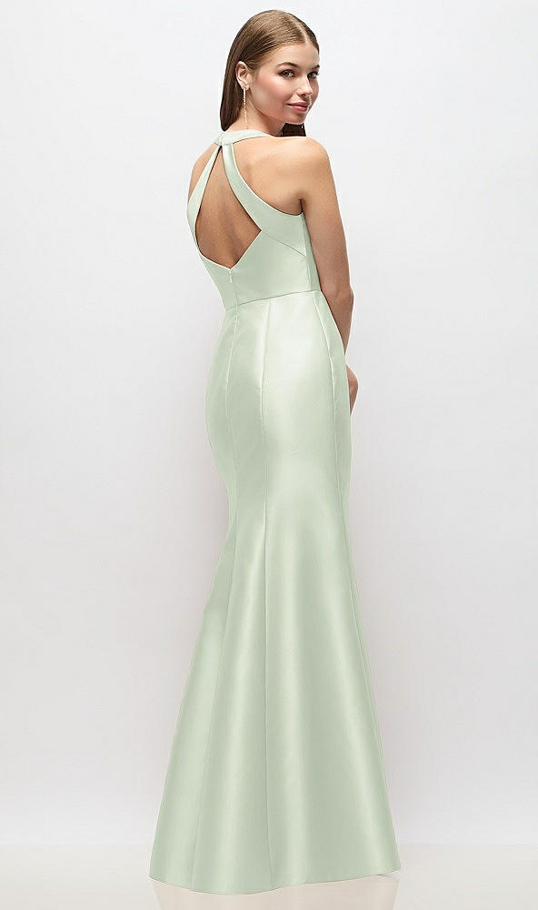 Back View - Mint Green V-Neck Halter Satin Trumpet Gown