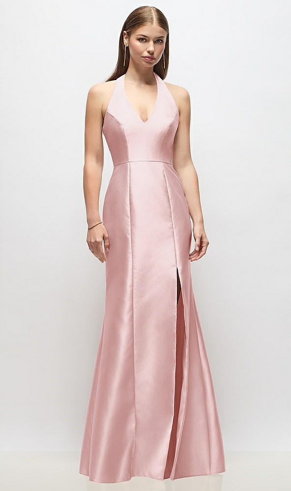 Front View - Ballet Pink V-Neck Halter Satin Trumpet Gown