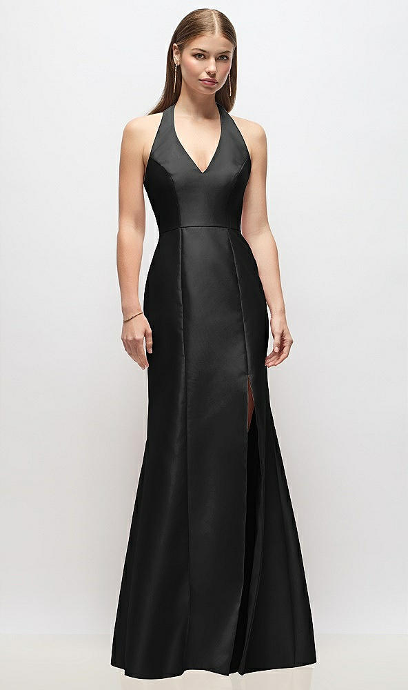 Front View - Black V-Neck Halter Satin Trumpet Gown