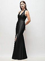 Side View Thumbnail - Black V-Neck Halter Satin Trumpet Gown