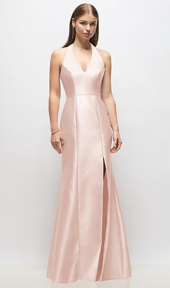 Front View - Blush V-Neck Halter Satin Trumpet Gown