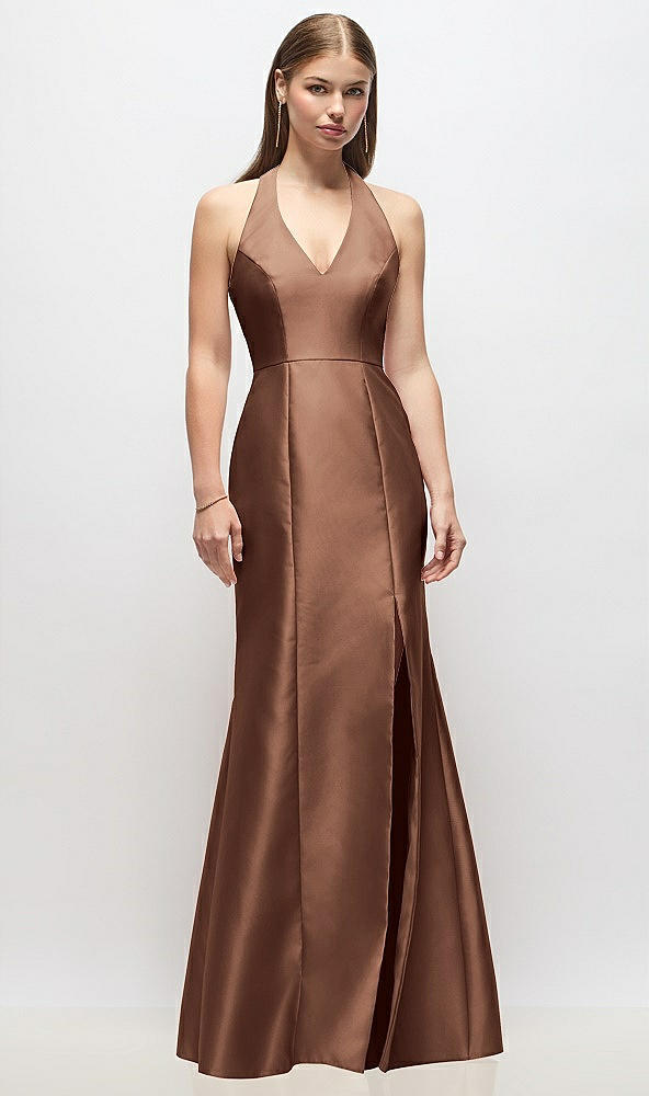 Front View - Cognac V-Neck Halter Satin Trumpet Gown