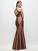 Rear View Thumbnail - Cognac V-Neck Halter Satin Trumpet Gown