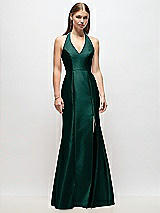 Front View Thumbnail - Evergreen V-Neck Halter Satin Trumpet Gown