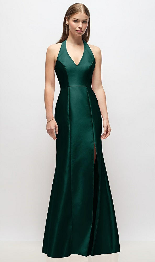Front View - Evergreen V-Neck Halter Satin Trumpet Gown