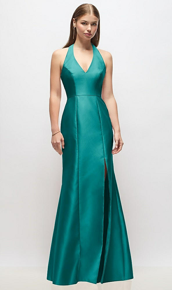 Front View - Jade V-Neck Halter Satin Trumpet Gown