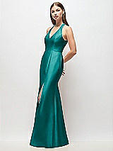 Side View Thumbnail - Jade V-Neck Halter Satin Trumpet Gown