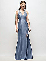 Front View Thumbnail - Larkspur Blue V-Neck Halter Satin Trumpet Gown