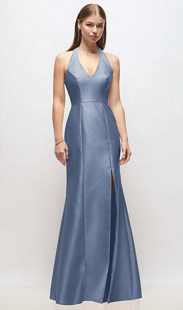 Front View - Larkspur Blue V-Neck Halter Satin Trumpet Gown