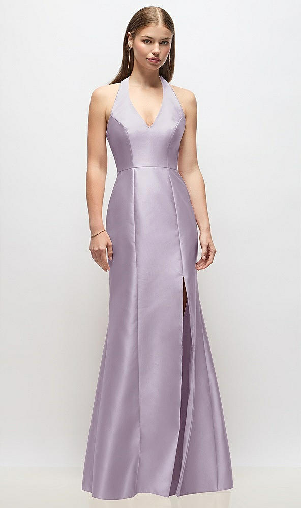 Front View - Lilac Haze V-Neck Halter Satin Trumpet Gown