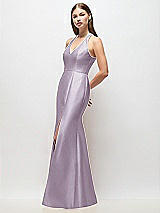 Side View Thumbnail - Lilac Haze V-Neck Halter Satin Trumpet Gown