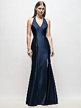 Front View Thumbnail - Midnight Navy V-Neck Halter Satin Trumpet Gown