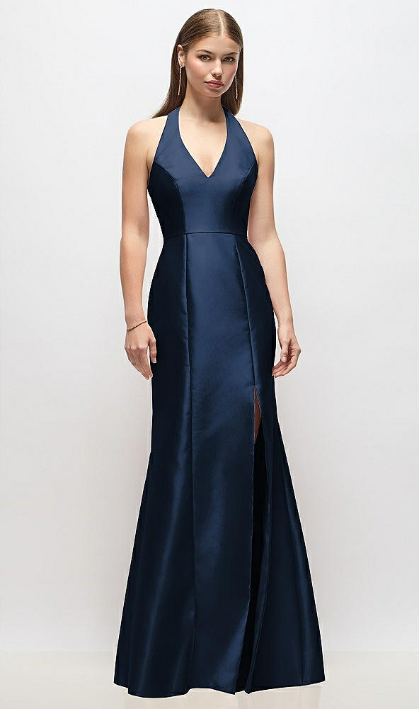 Front View - Midnight Navy V-Neck Halter Satin Trumpet Gown