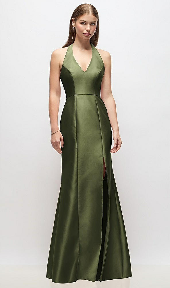 Front View - Olive Green V-Neck Halter Satin Trumpet Gown