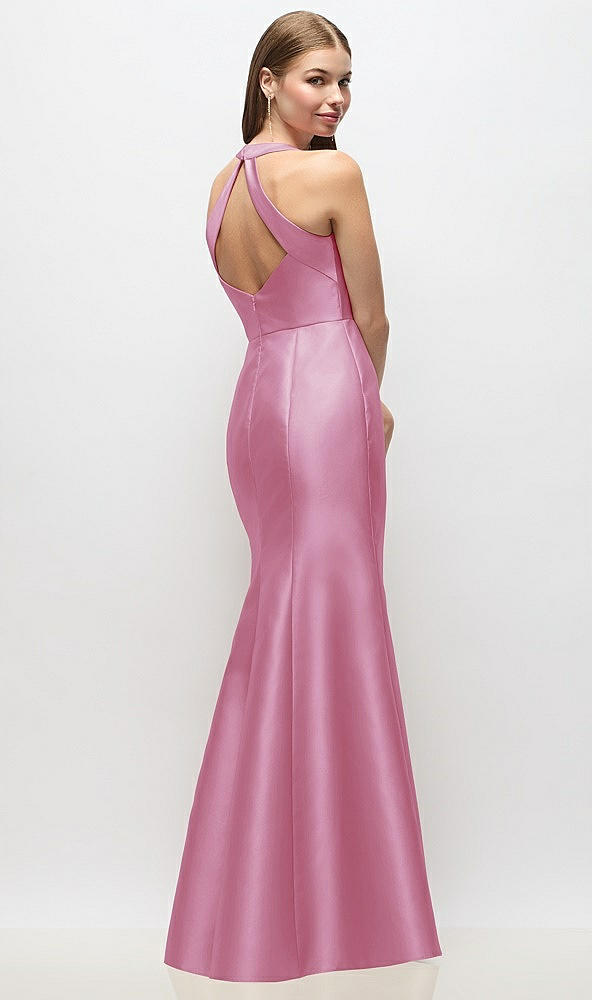 Back View - Powder Pink V-Neck Halter Satin Trumpet Gown