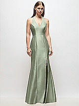 Front View Thumbnail - Sage V-Neck Halter Satin Trumpet Gown