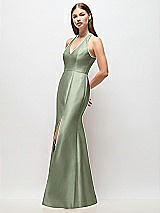 Side View Thumbnail - Sage V-Neck Halter Satin Trumpet Gown