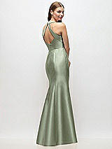 Rear View Thumbnail - Sage V-Neck Halter Satin Trumpet Gown