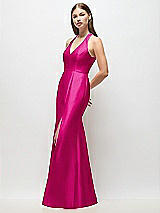 Side View Thumbnail - Think Pink V-Neck Halter Satin Trumpet Gown