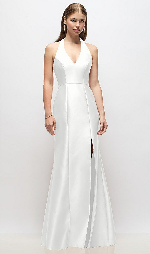 Front View - White V-Neck Halter Satin Trumpet Gown