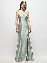 Front View Thumbnail - Willow Green V-Neck Halter Satin Trumpet Gown