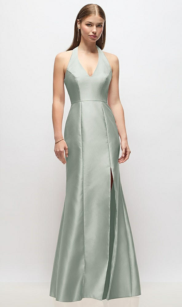 Front View - Willow Green V-Neck Halter Satin Trumpet Gown