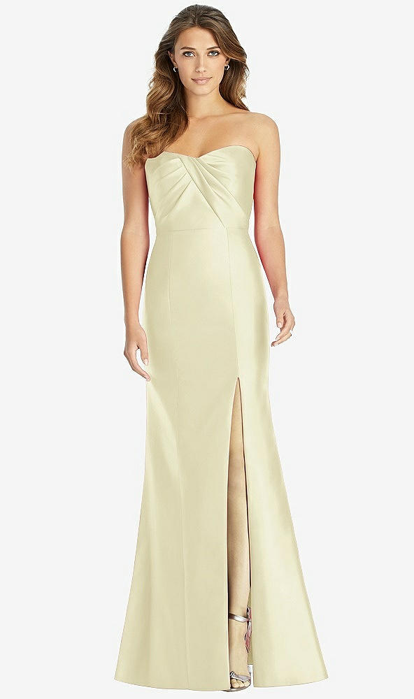 Front View - Butter Yellow Strapless Draped Bodice Trumpet Gown