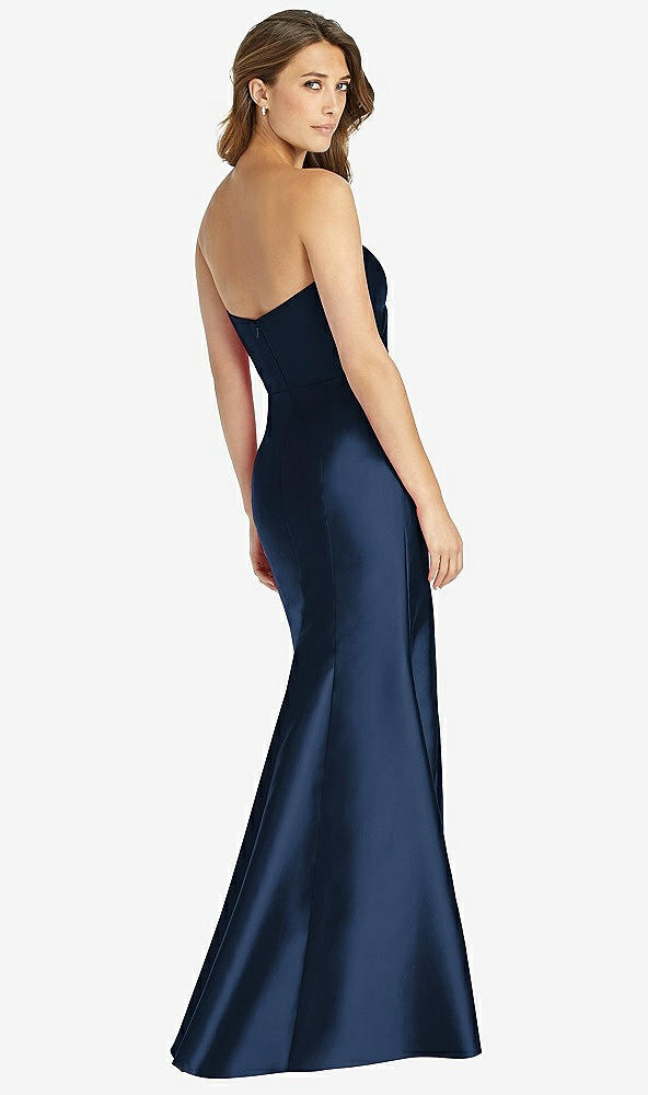 Back View - Midnight Navy Strapless Draped Bodice Trumpet Gown