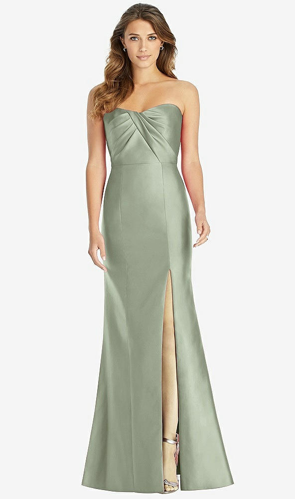 Front View - Sage Strapless Draped Bodice Trumpet Gown