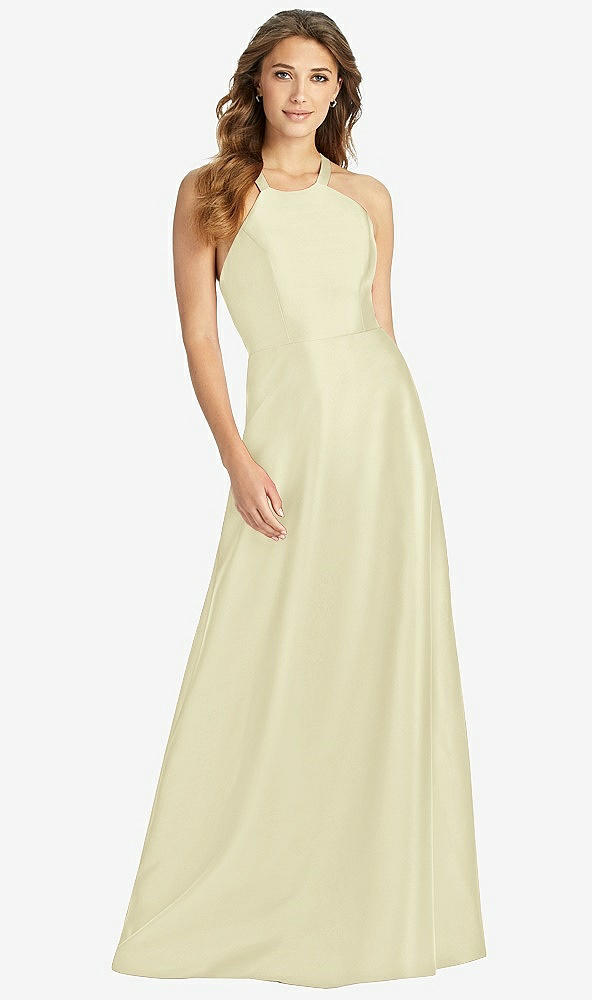 Front View - Butter Yellow Halter Lace-Up A-Line Maxi Dress